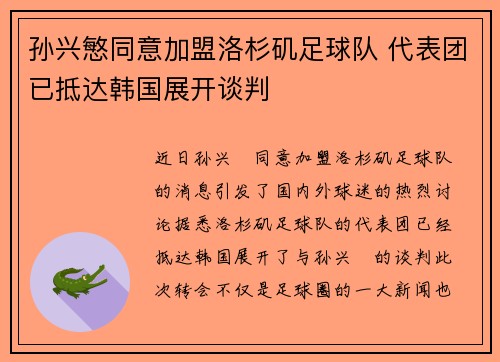 孙兴慜同意加盟洛杉矶足球队 代表团已抵达韩国展开谈判