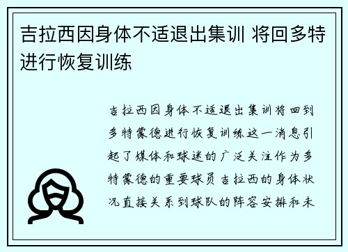 吉拉西因身体不适退出集训 将回多特进行恢复训练 吉拉西因身体不适退出集训 将回多特进行恢复训练